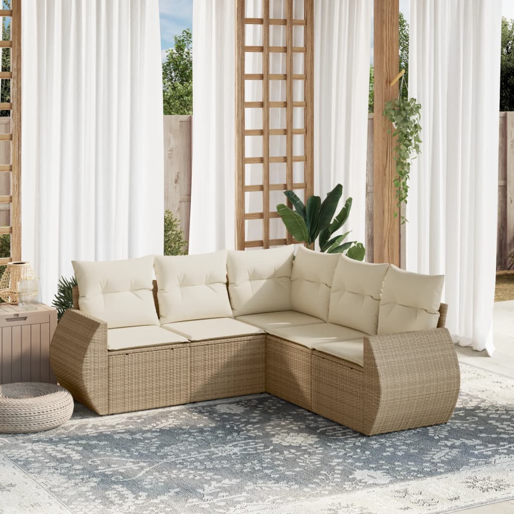 Set canapele de gradina cu perne, 5 piese, bej, poliratan — imaginea 2