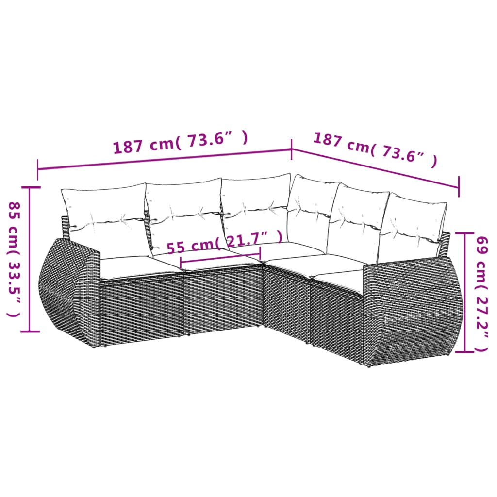 Set canapele de gradina cu perne, 5 piese, bej, poliratan — imaginea 7