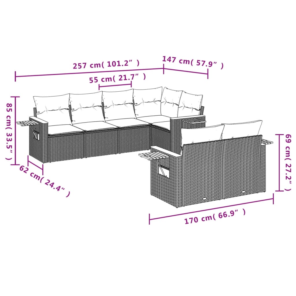 Set canapele de gradina, 7 piese, cu perne, bej, poliratan — imaginea 8
