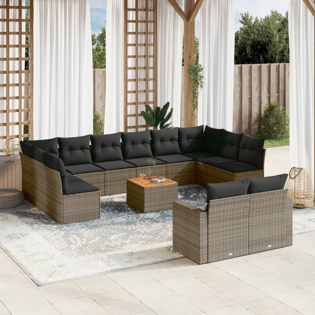 Set mobilier de gradina cu perne, 13 piese, gri, poliratan — imaginea 2