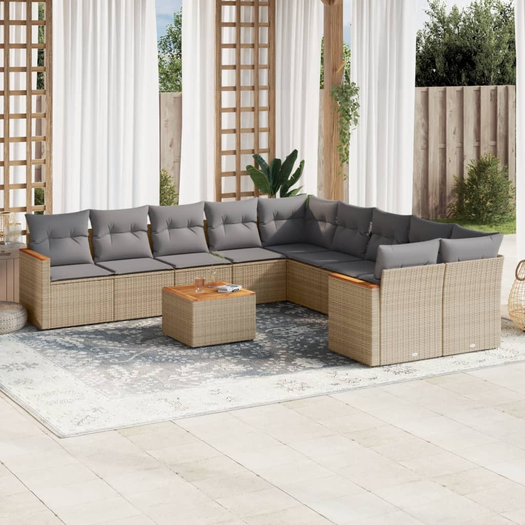 Set canapele de gradina, 11 piese, cu perne, bej, poliratan — imaginea 2