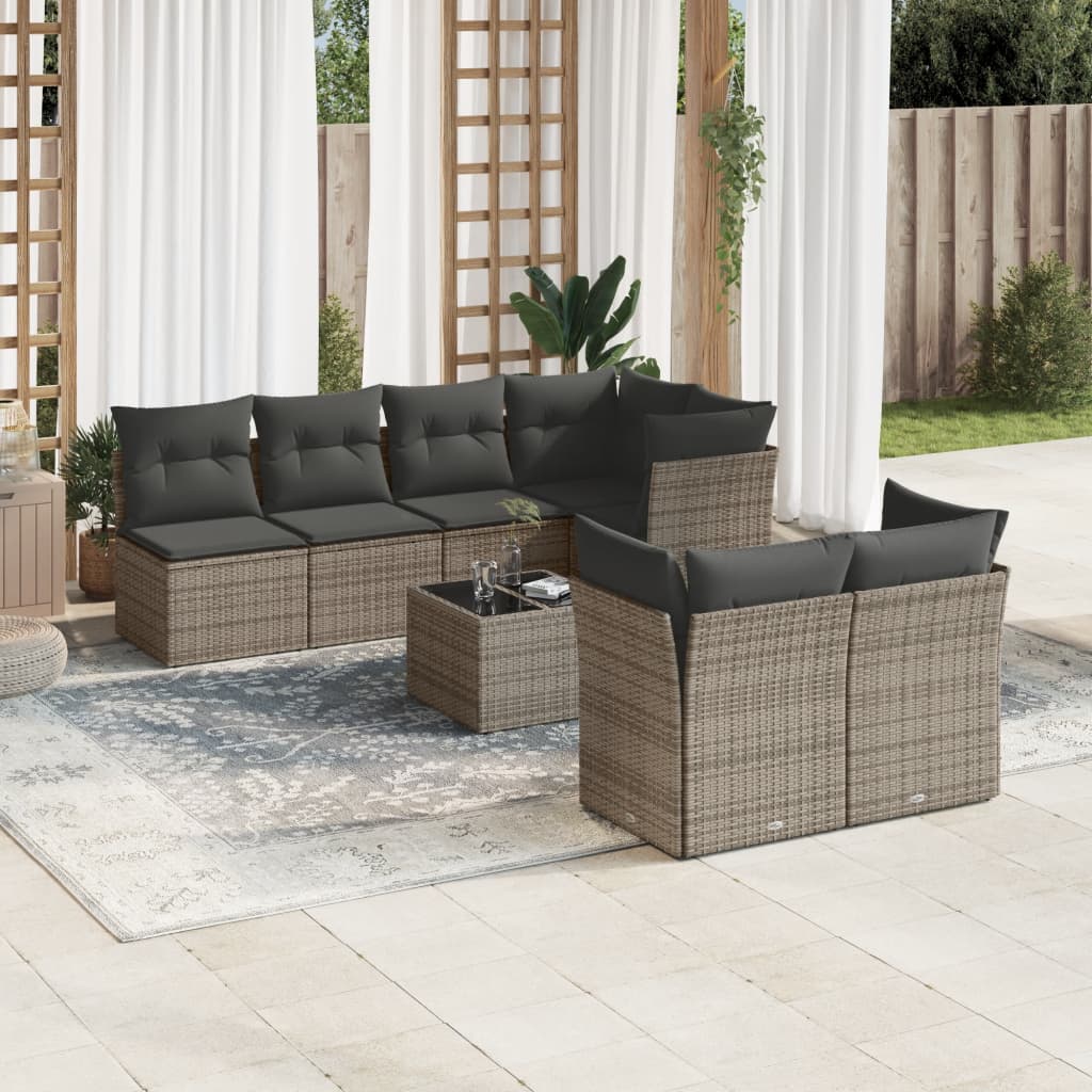 Set canapele de gradina cu perne, 8 piese, gri, poliratan — imaginea 2