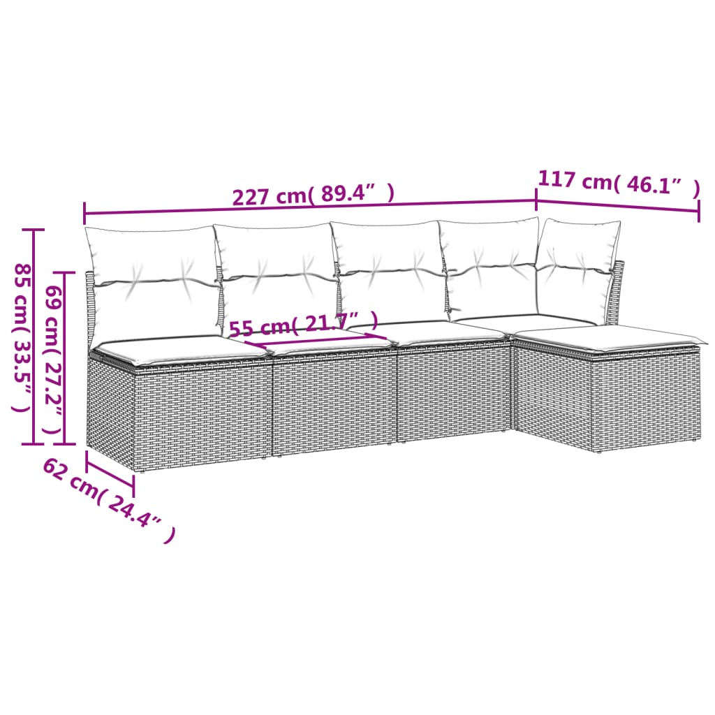 Set canapele de gradina cu perne, 5 piese, maro, poliratan — imaginea 3