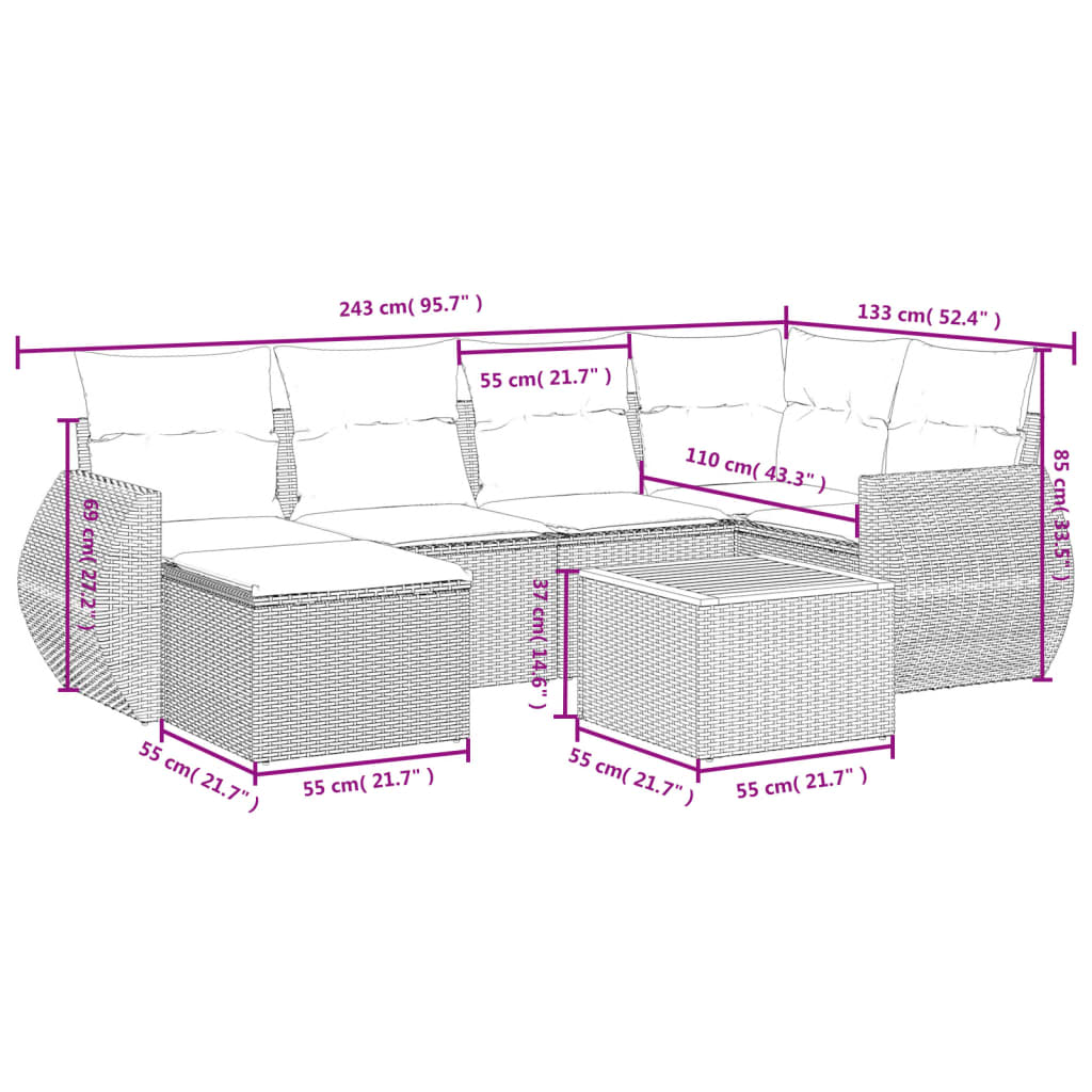 Set canapele de gradina, 7 piese, cu perne, gri, poliratan — imaginea 3