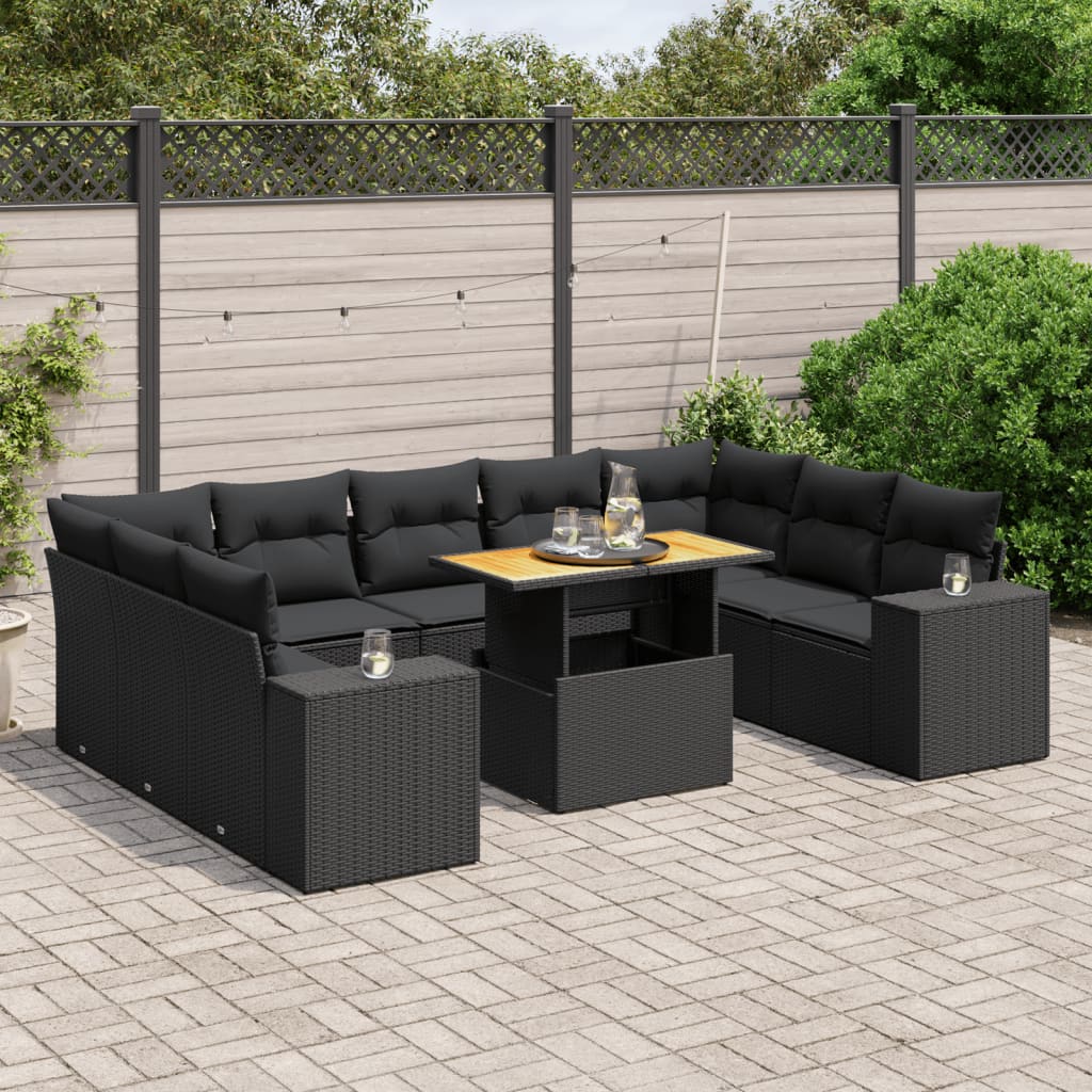 Set canapele de gradina cu perne, 10 piese, negru, poliratan — imaginea 2