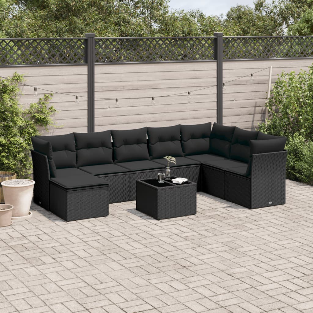 Set mobilier de gradina cu perne, 9 piese, negru, poliratan — imaginea 2