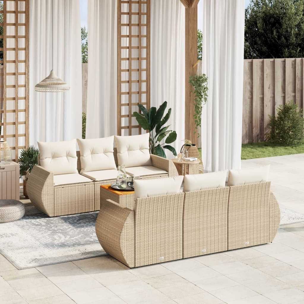 Set canapele de gradina, 7 piese, cu perne, bej, poliratan — imaginea 2