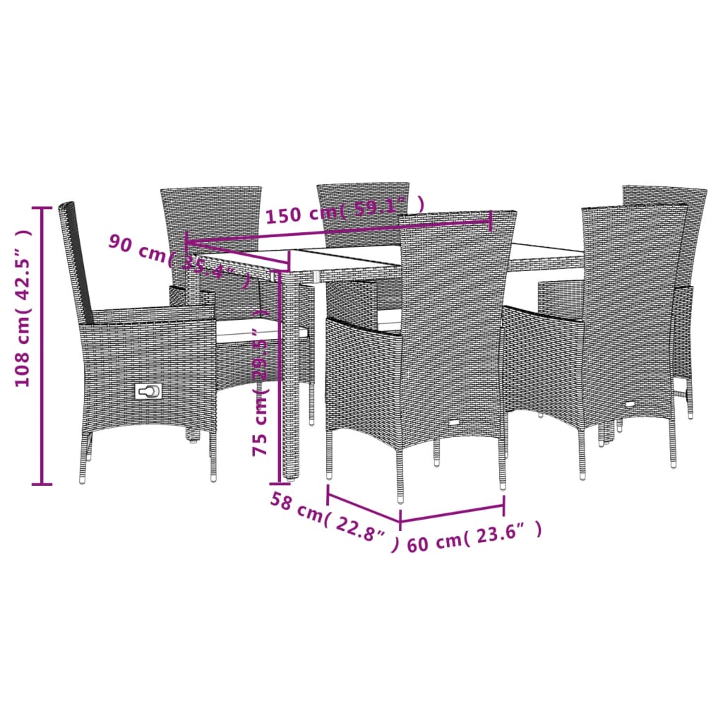 Set de masa pentru gradina, 7 piese, cu perne, bej, poliratan — imaginea 5