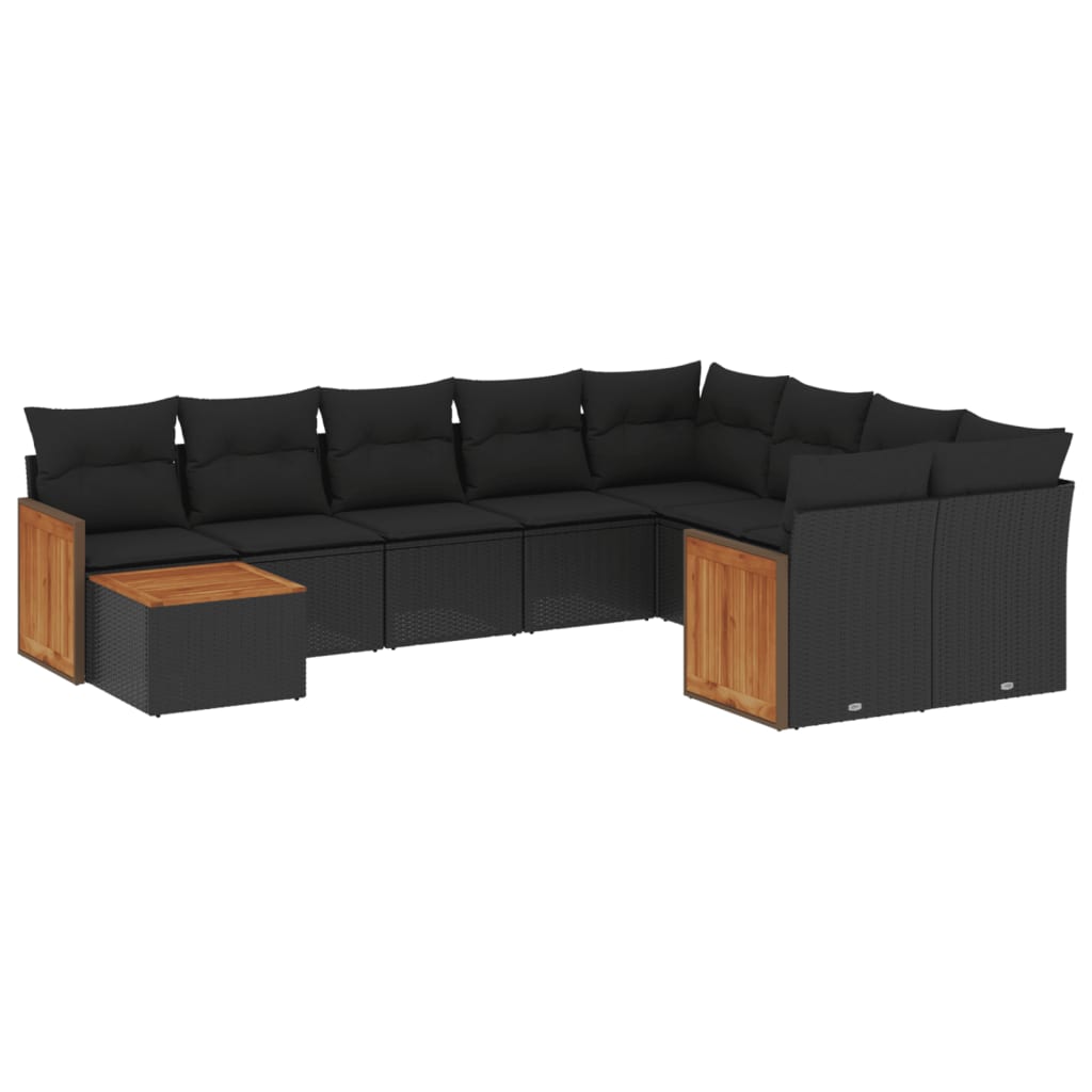 Set canapele de gradina cu perne, 10 piese, negru, poliratan