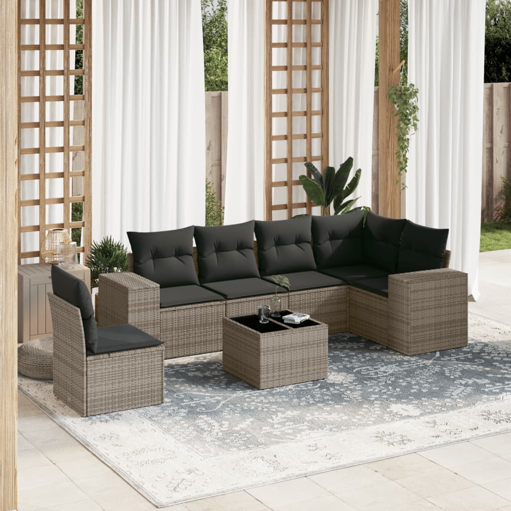 Set canapele de gradina, 7 piese, cu perne, gri, poliratan — imaginea 2