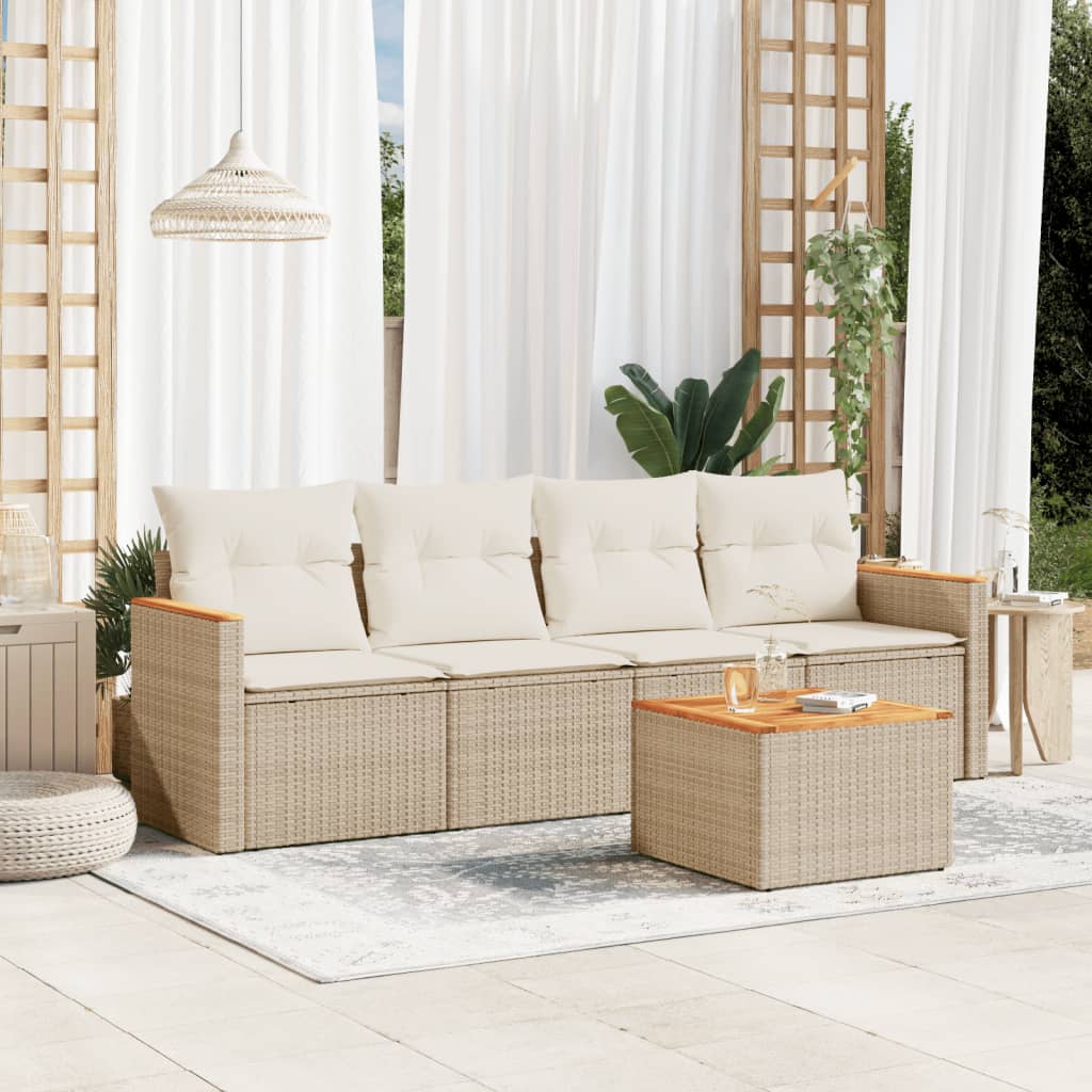 Set canapele de gradina cu perne, 5 piese, bej, poliratan — imaginea 2