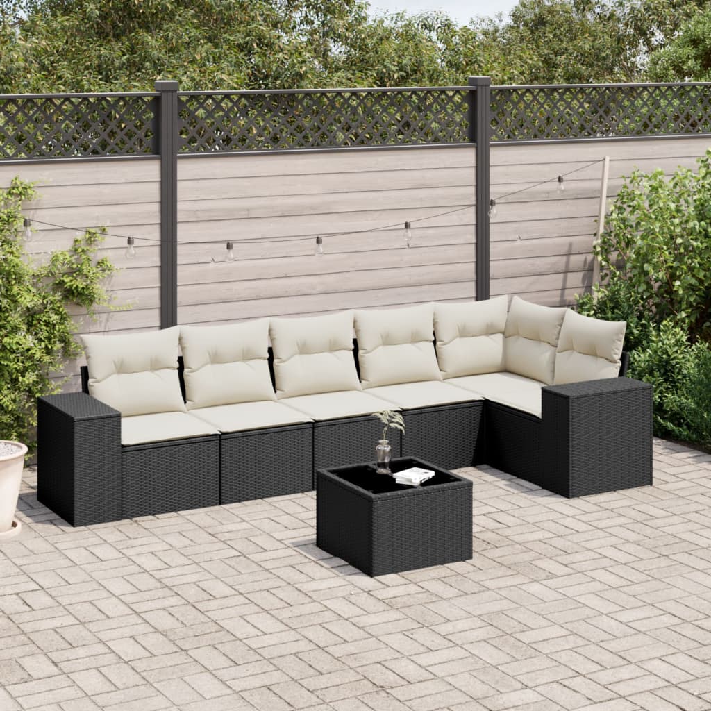 Set canapele de gradina cu perne, 7 piese, negru, poliratan — imaginea 2