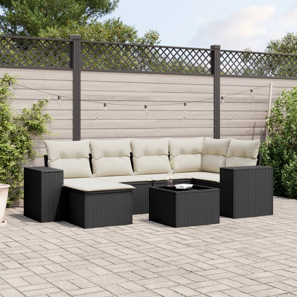 Set canapele de gradina cu perne, 7 piese, negru, poliratan — imaginea 2
