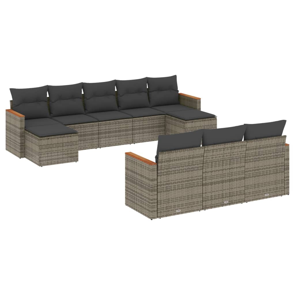Set mobilier de gradina cu perne, 10 piese, gri, poliratan