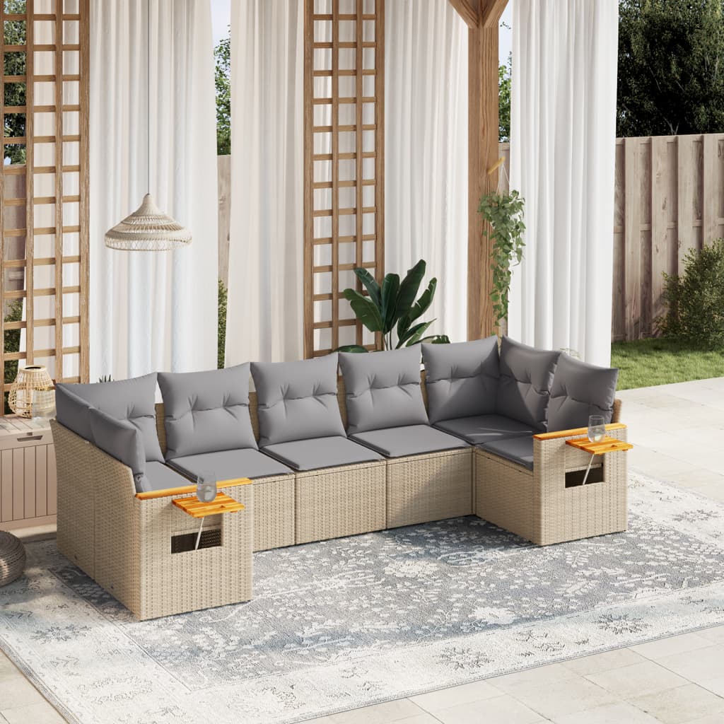 Set canapele de gradina, 7 piese, cu perne, bej, poliratan — imaginea 2