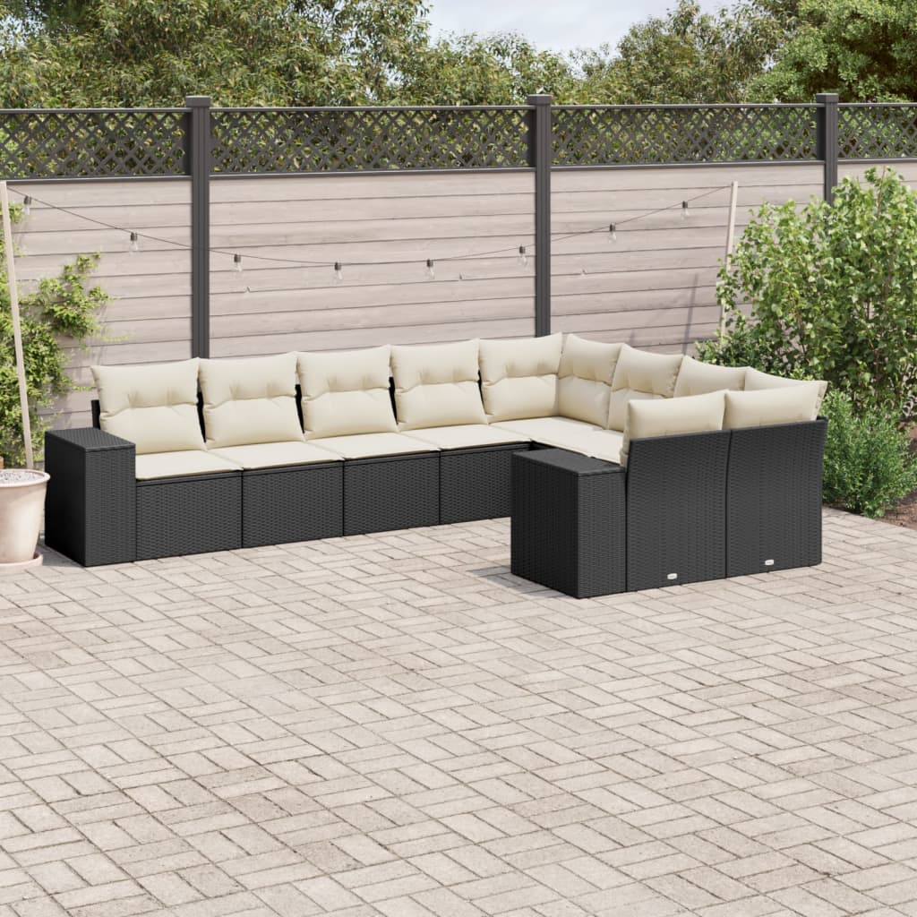 Set mobilier de gradina cu perne, 9 piese, negru, poliratan — imaginea 2