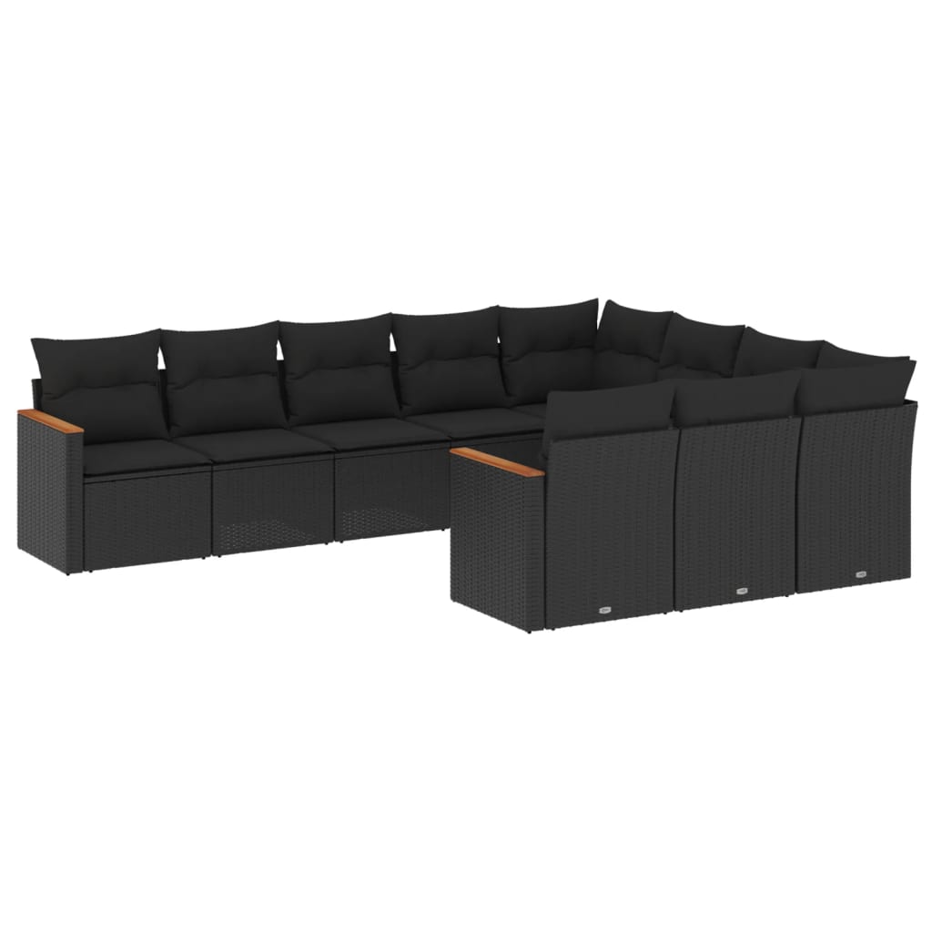 Set canapele de gradina cu perne, 10 piese, negru, poliratan