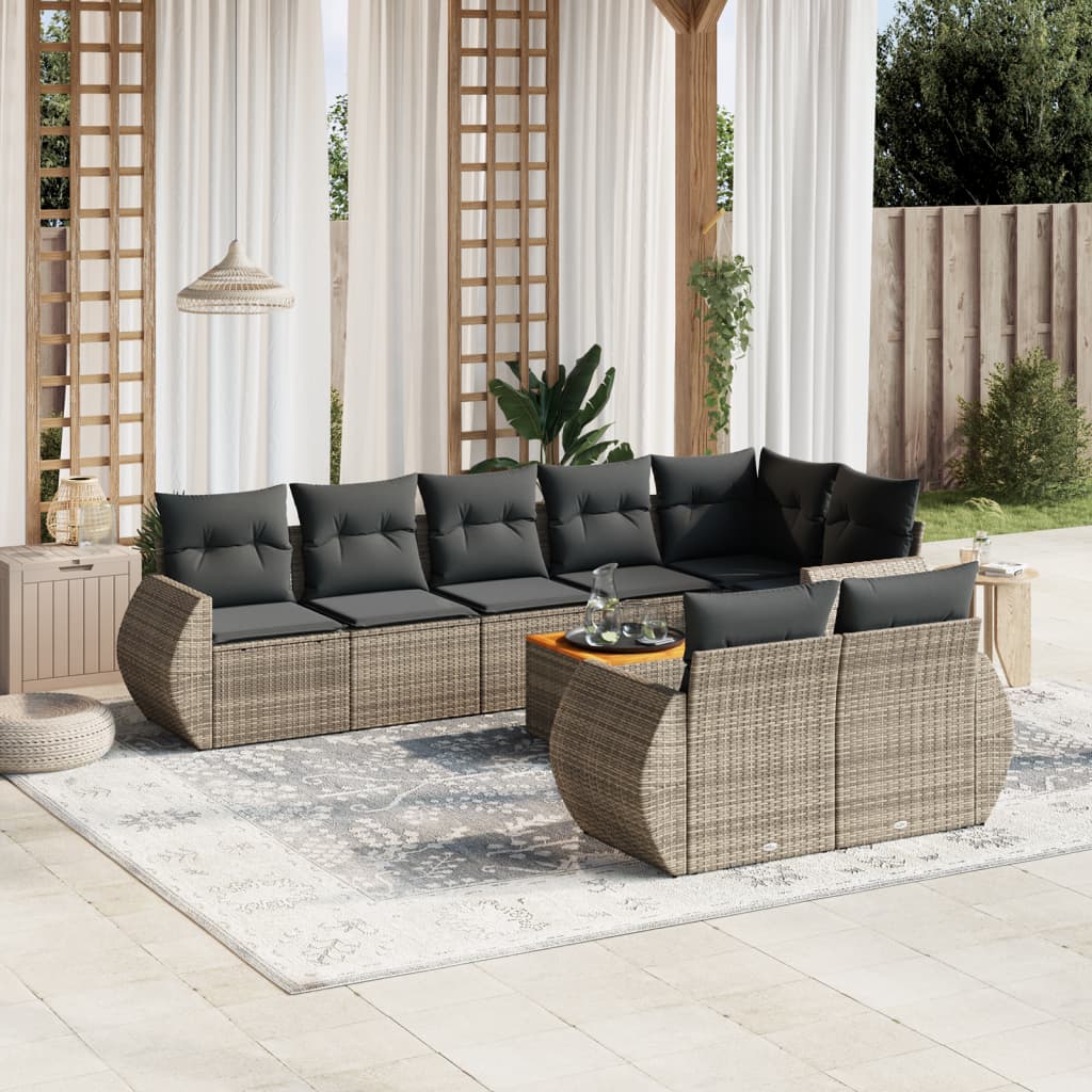 Set canapele de gradina, 9 piese, cu perne, gri, poliratan — imaginea 2
