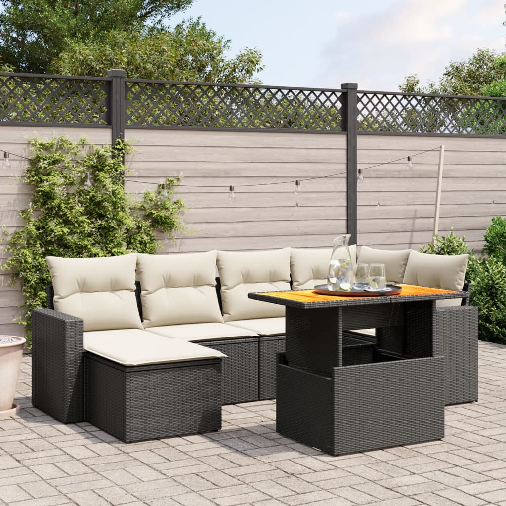 Set canapele de gradina cu perne, 7 piese, negru, poliratan — imaginea 2