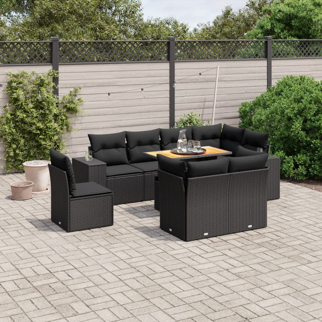 Set mobilier de gradina cu perne, 9 piese, negru, poliratan — imaginea 2