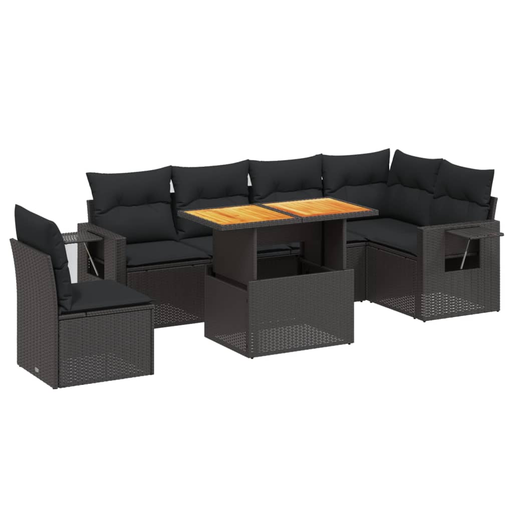 Set canapele de gradina cu perne, 7 piese, negru, poliratan