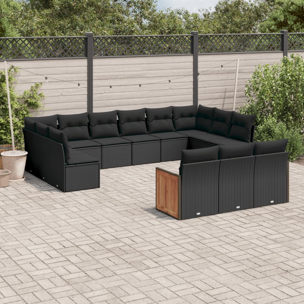 Set mobilier de gradina cu perne, 13 piese, negru, poliratan — imaginea 2