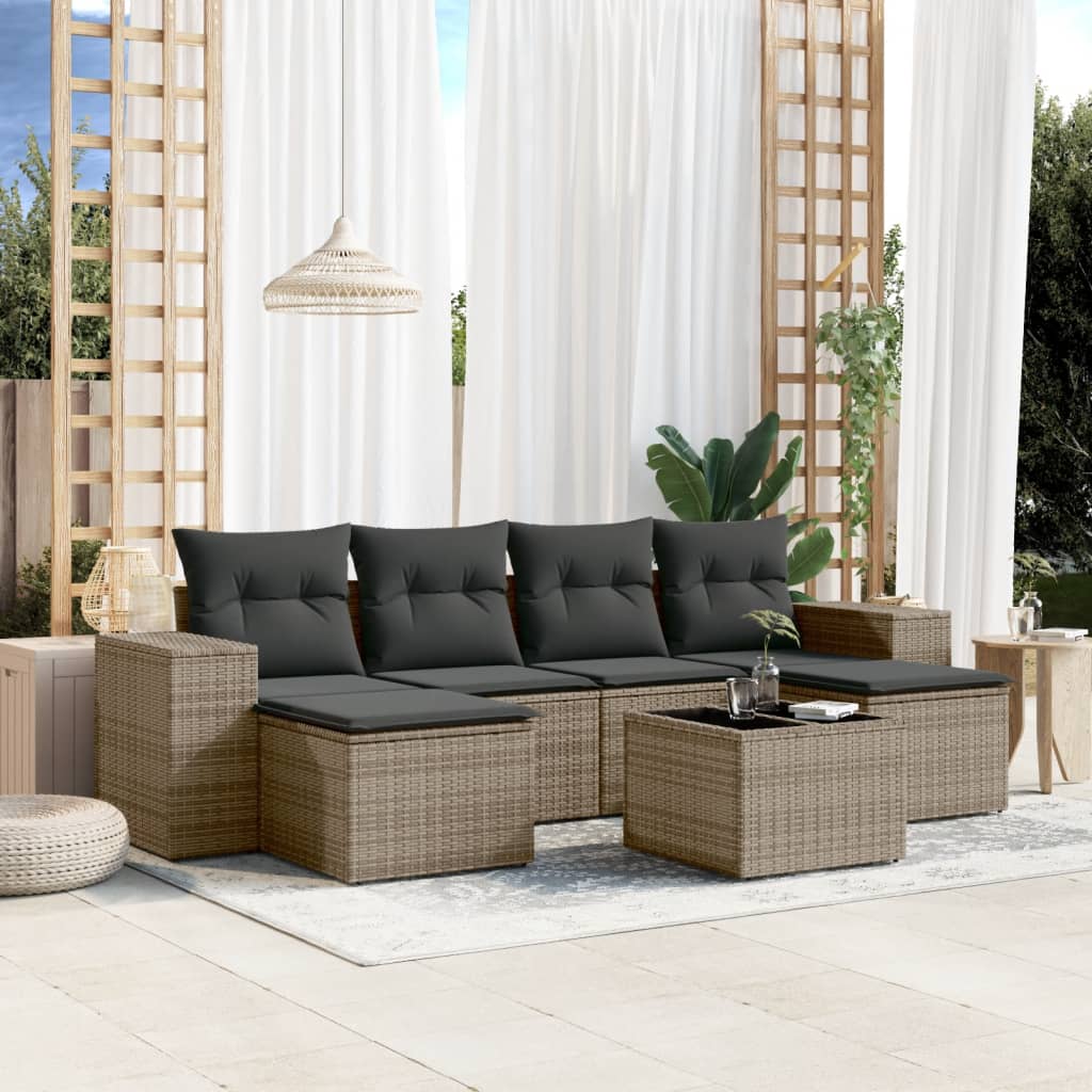 Set canapele de gradina, 7 piese, cu perne, gri, poliratan — imaginea 2
