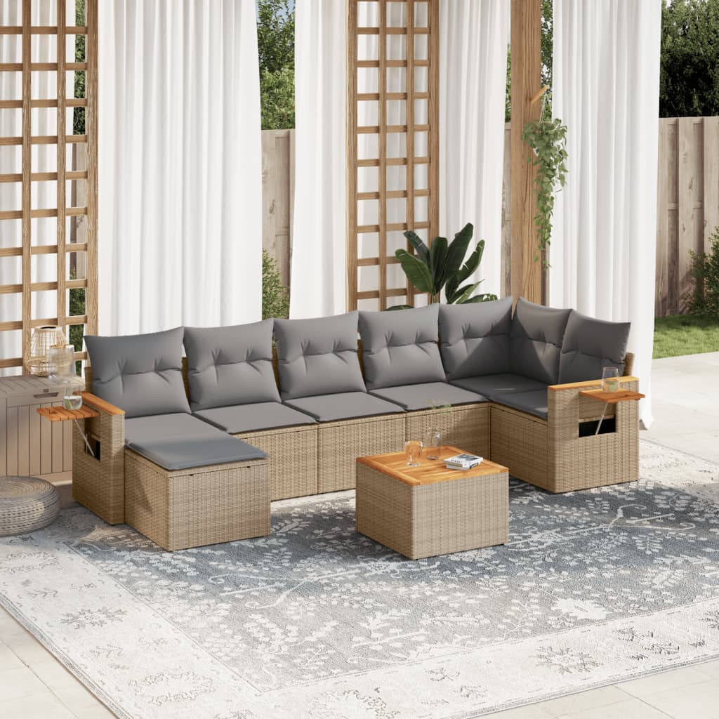 Set canapele de gradina, 8 piese, cu perne, bej, poliratan — imaginea 2