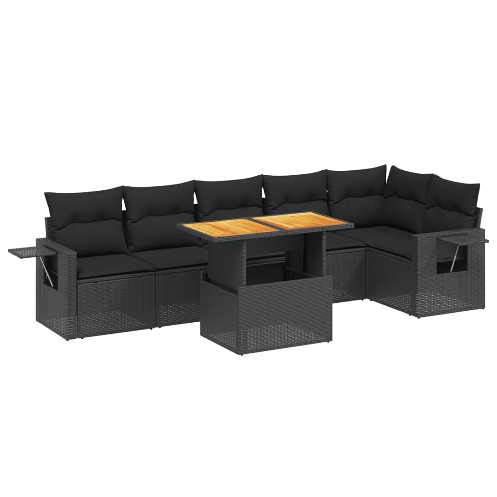Set canapele de gradina cu perne, 7 piese, negru, poliratan