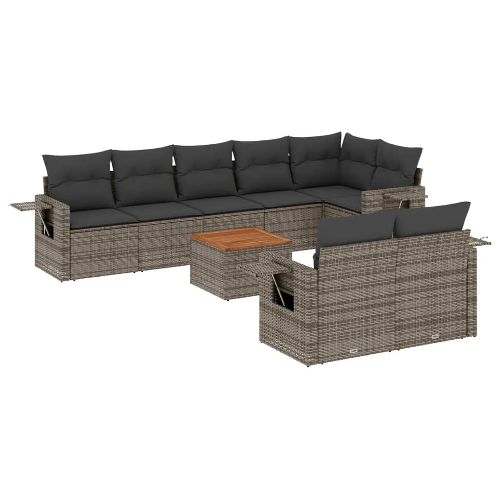 Set canapele de gradina, 9 piese, cu perne, gri, poliratan