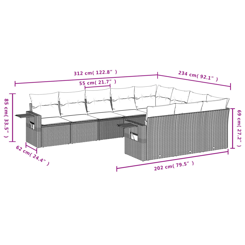 Set mobilier de gradina cu perne, 10 piese, gri, poliratan — imaginea 7