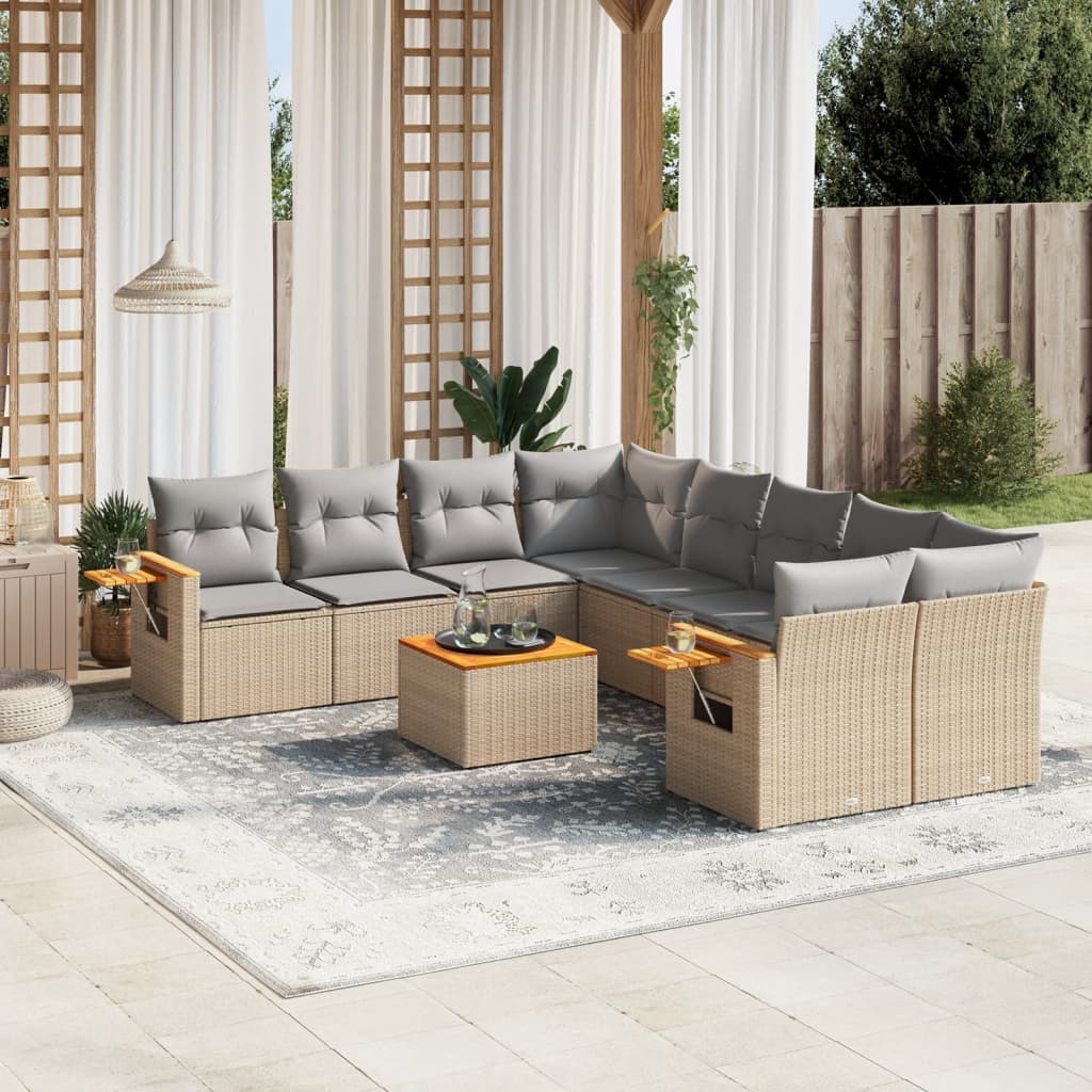 Set canapele de gradina, 9 piese, cu perne, bej, poliratan — imaginea 2