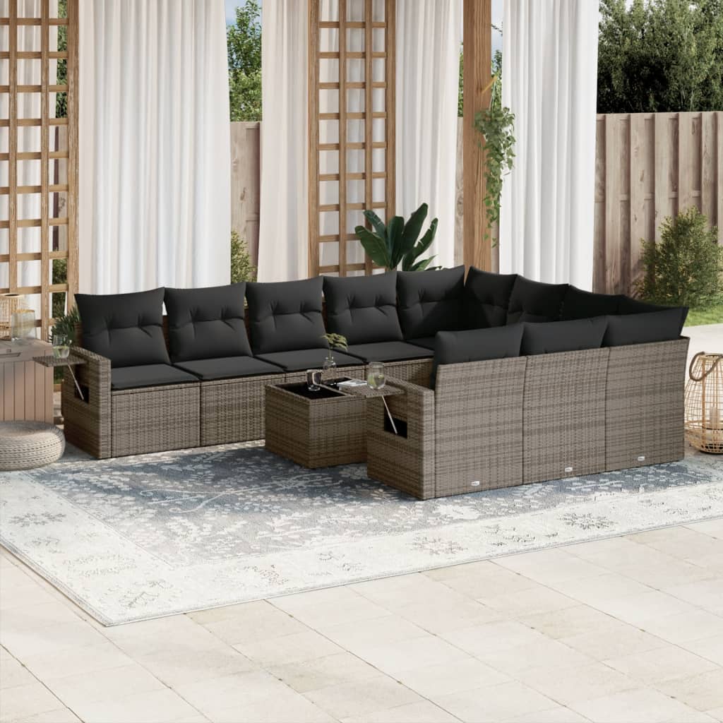 Set canapele de gradina cu perne, 11 piese, gri, poliratan — imaginea 2