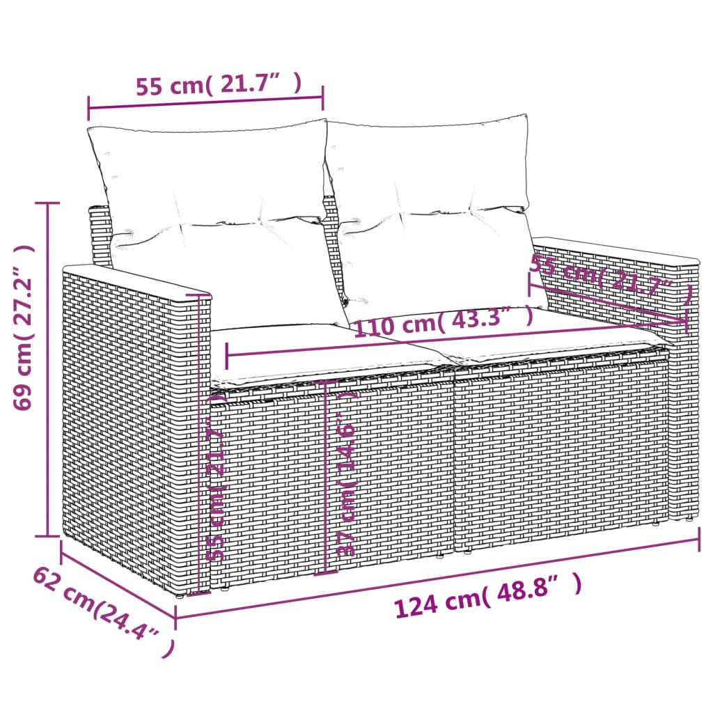 Set canapele de gradina cu perne, 7 piese, negru, poliratan — imaginea 9
