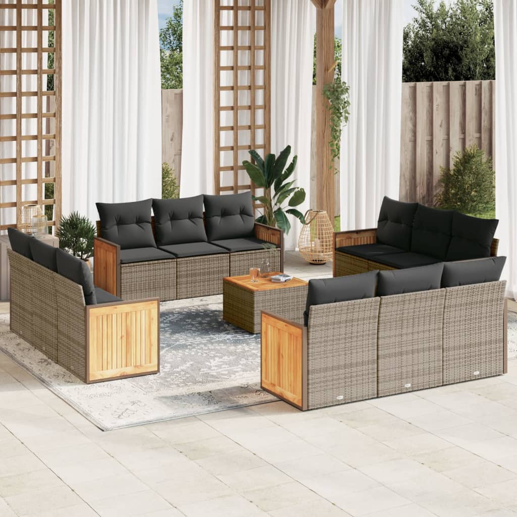 Set mobilier de gradina cu perne, 13 piese, gri, poliratan — imaginea 2