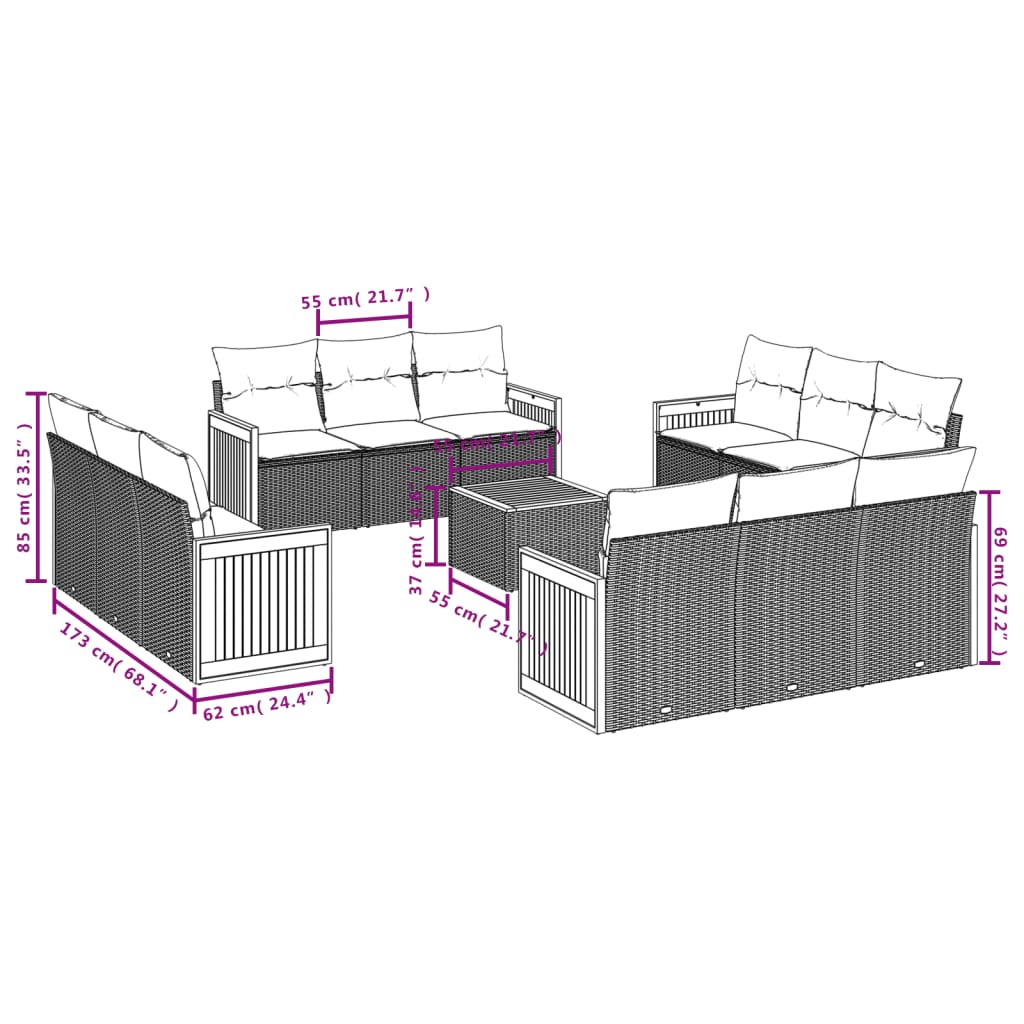 Set mobilier de gradina cu perne, 13 piese, gri, poliratan — imaginea 7