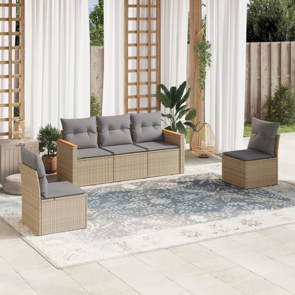 Set canapele de gradina, 5 piese, cu perne, bej, poliratan — imaginea 2