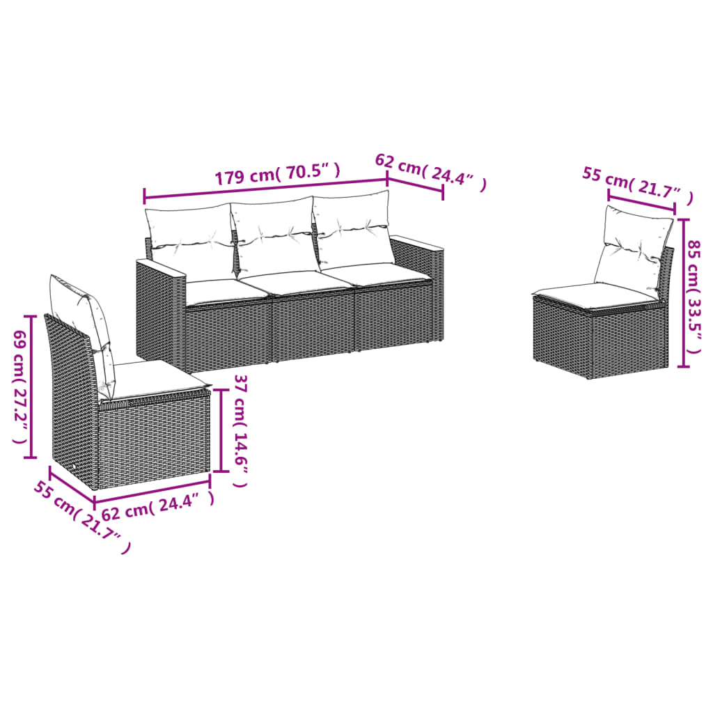 Set canapele de gradina, 5 piese, cu perne, bej, poliratan — imaginea 6