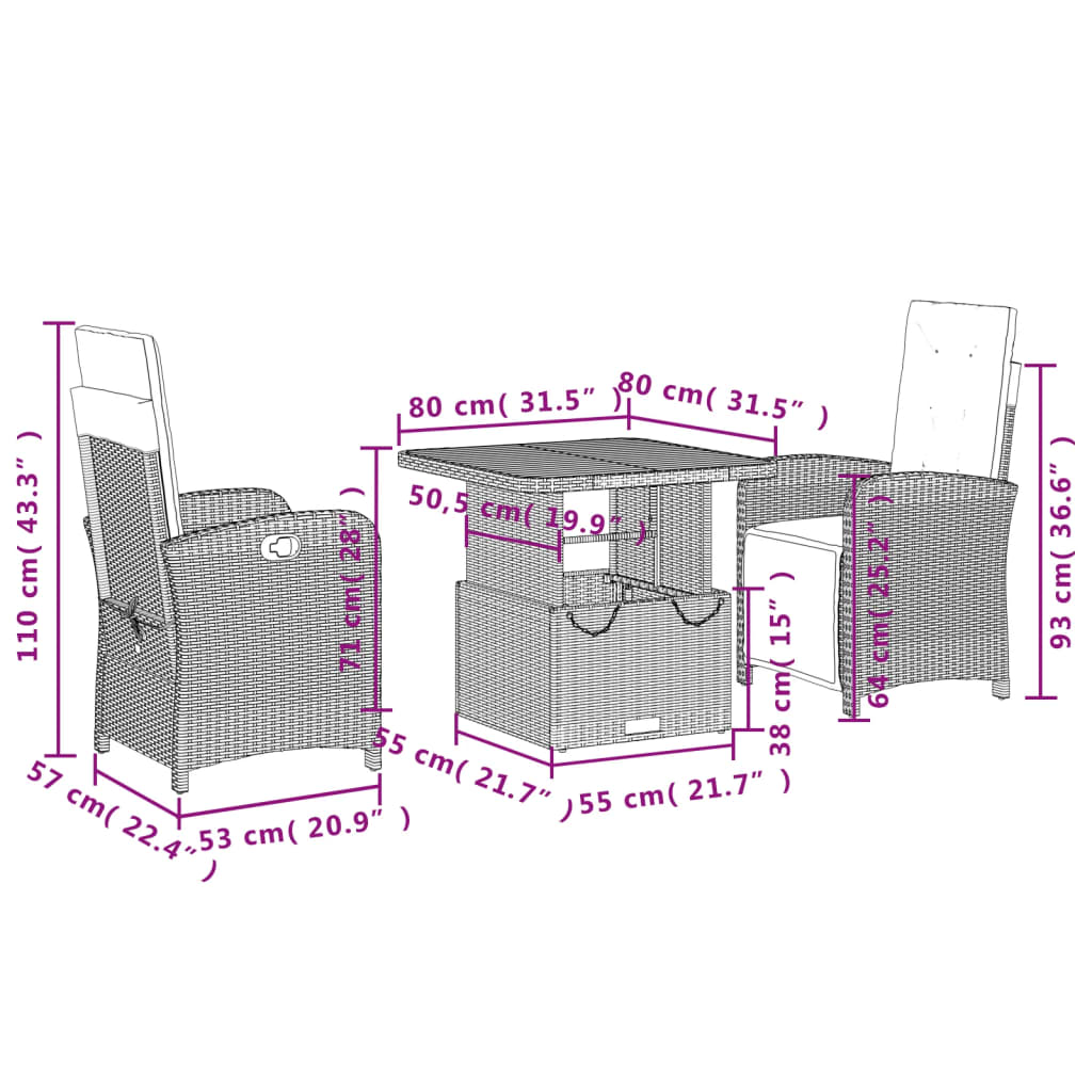 Set mobilier de gradina cu perne, 3 piese, negru, poliratan — imaginea 8