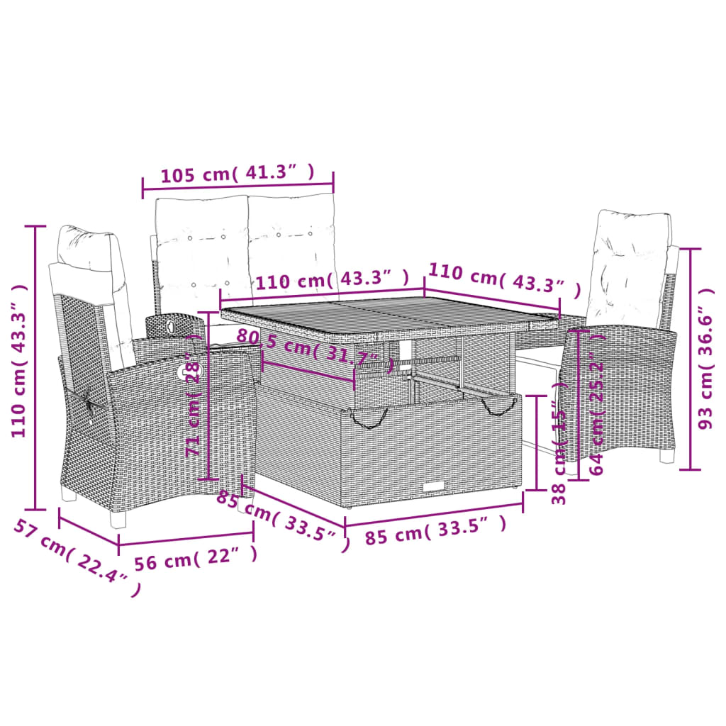 Set mobilier de gradina cu perne, 4 piese, gri, poliratan — imaginea 9