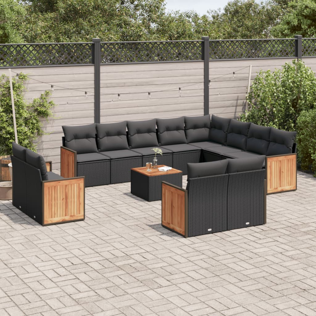 Set mobilier de gradina cu perne, 13 piese, negru, poliratan — imaginea 2