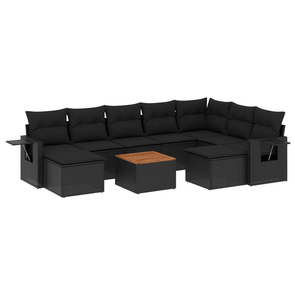Set canapele de gradina cu perne, 10 piese, negru, poliratan