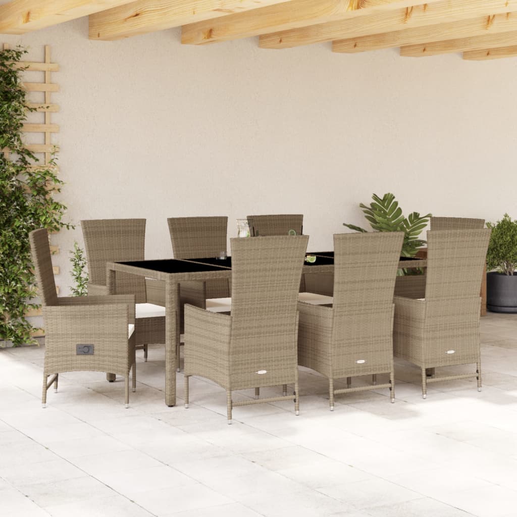 Set de masa pentru gradina, 9 piese, cu perne, bej, poliratan — imaginea 2