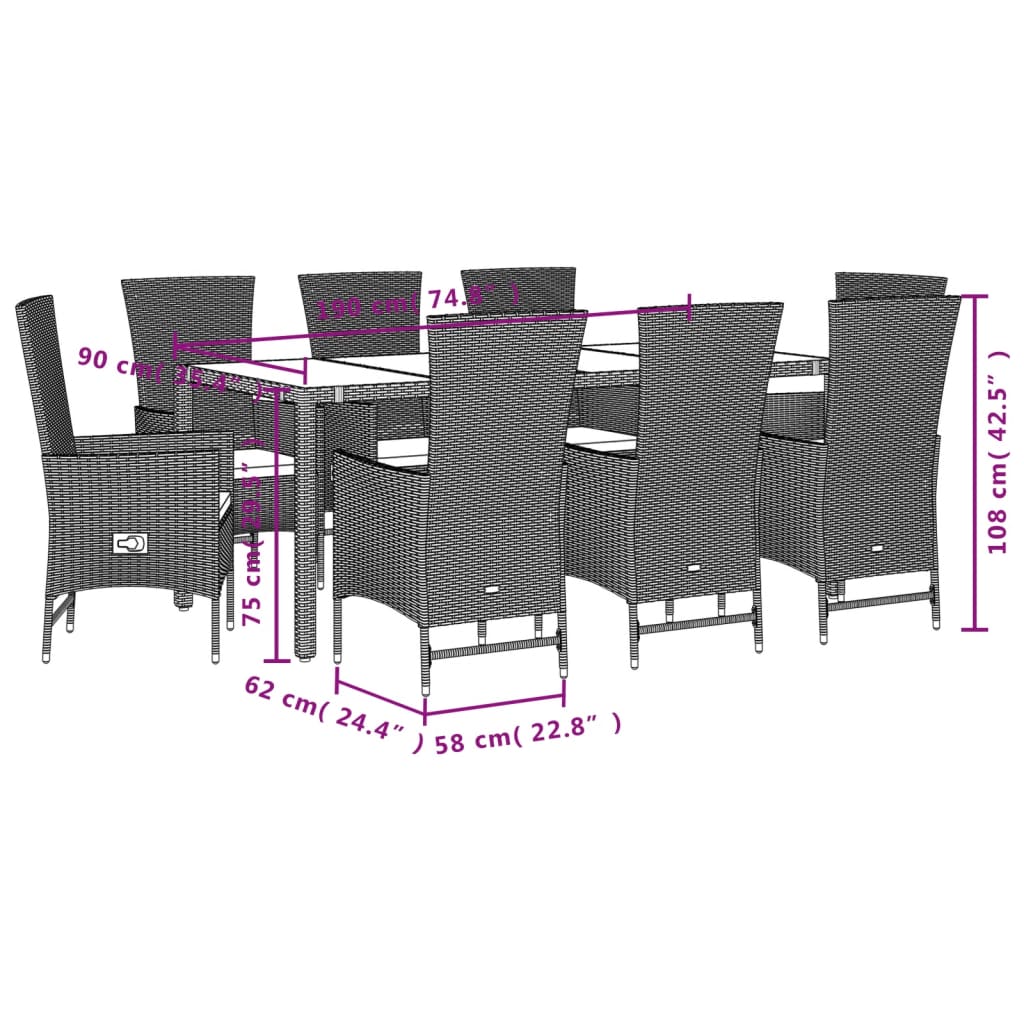 Set de masa pentru gradina, 9 piese, cu perne, bej, poliratan — imaginea 5
