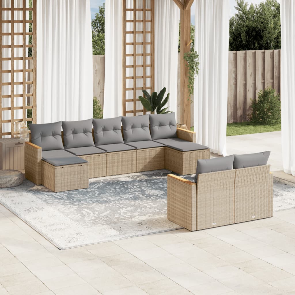 Set canapele de gradina, 9 piese, cu perne, bej, poliratan — imaginea 2