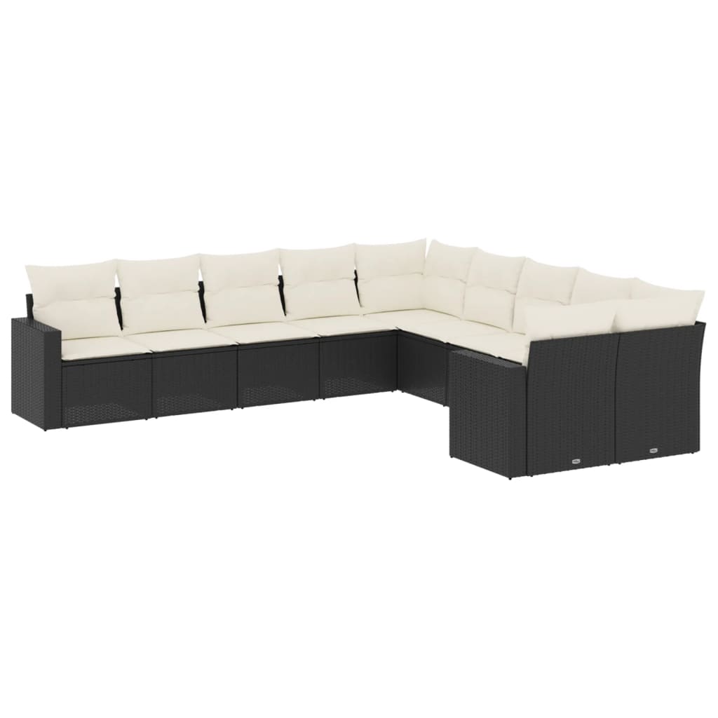 Set canapele de gradina cu perne, 10 piese, negru, poliratan