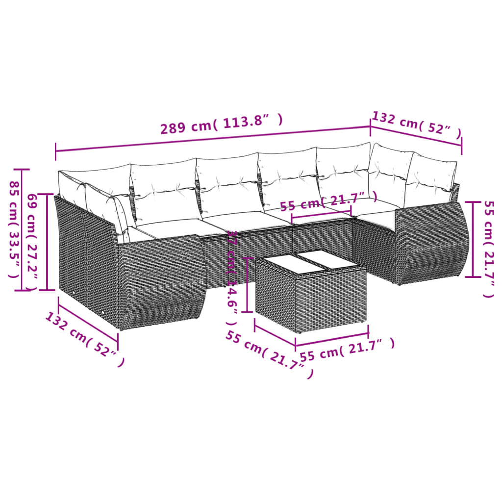 Set mobilier de gradina cu perne, 8 piese, negru, poliratan — imaginea 8