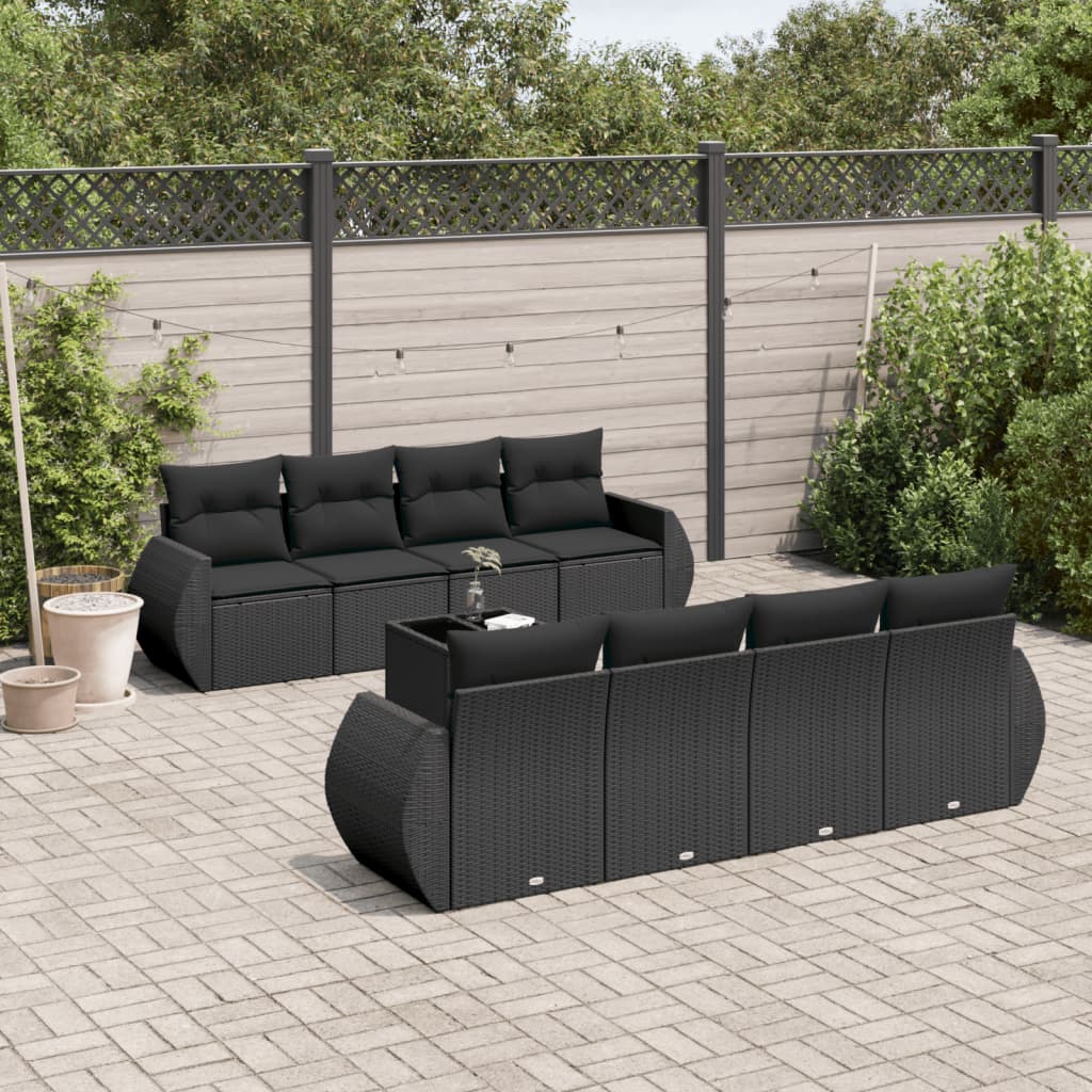 Set mobilier de gradina cu perne, 9 piese, negru, poliratan — imaginea 2