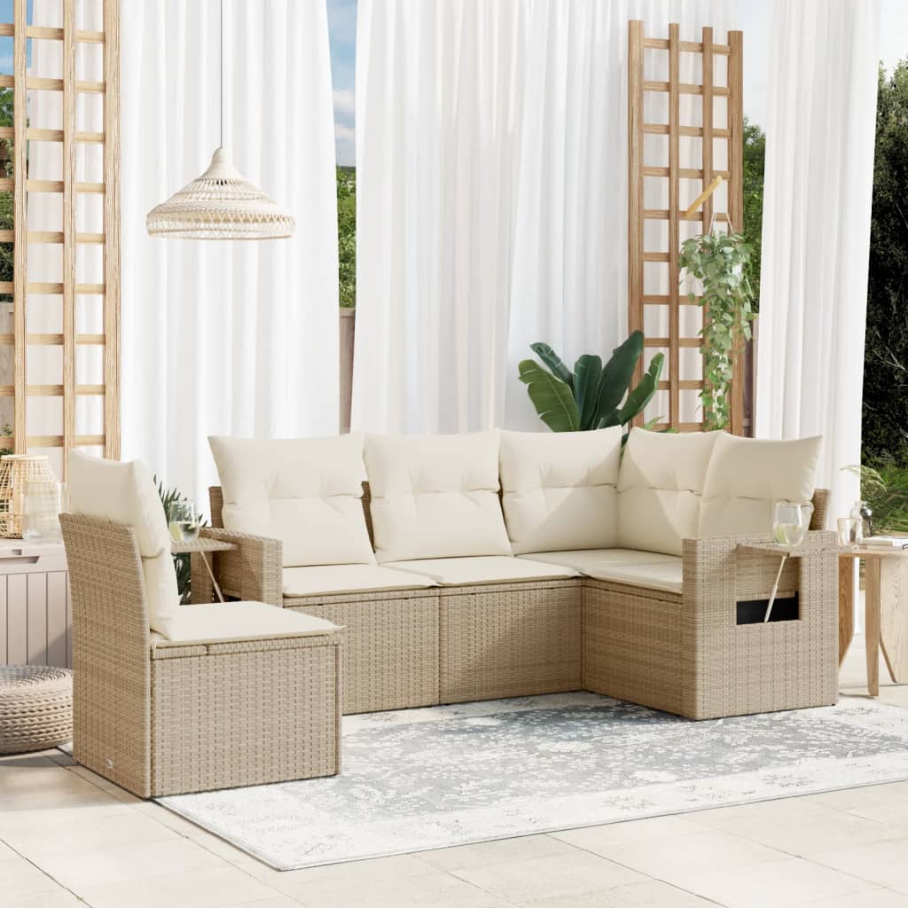 Set canapele de gradina cu perne, 5 piese, bej, poliratan — imaginea 2
