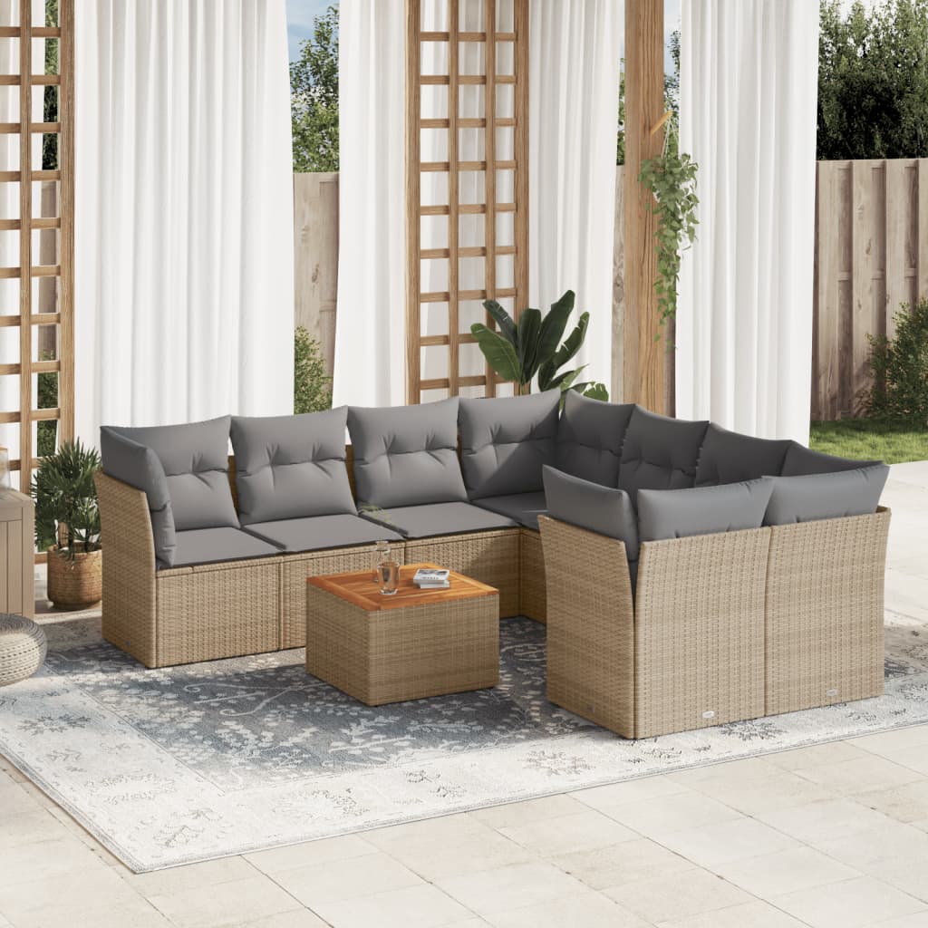 Set canapele de gradina, 9 piese, cu perne, bej, poliratan — imaginea 2